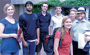 U of T postdoctoral association president Colleen Bell (left) pictured with the postdoc organizing team — Parmbir Gill, Jesse Greener, Robert Ramsay, Vanessa Parlette, Leslie Jermyn & Mikael Swayze — delivering a copy of the certification application to the university administration on July 31, 2009. 