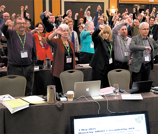 Nova Scotia’s Bill 100 gets a thumbs down at CAUT’s Council meeting May 1. Delegates voted unanimously  to condemn the bill, called the Universities Accountability & Sustainability Act, as an unacceptable violation of constitutional rights, university autonomy & academic freedom.