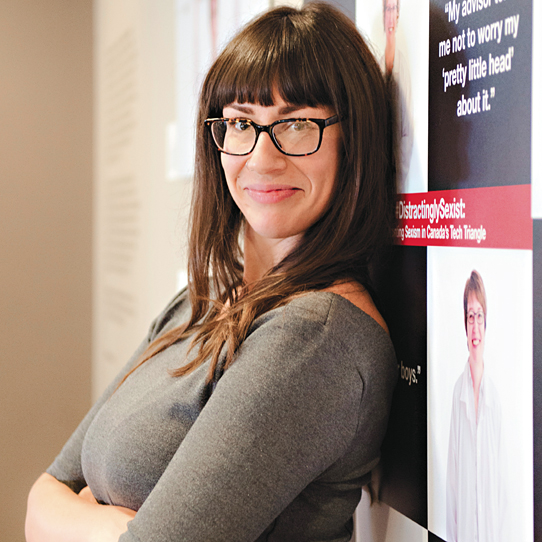 Wilfrid Laurier University PhD candidate Eden Hennessey created the #DistractinglySexist photo exhibit to highlight how women are confronting sexism in science & tech professions. [Hilary Gauld]