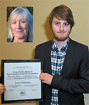 Student category award recipient Jonny Wakefield won for “Loudmouths or  lackeys: Standing up (or lying down) on UBC’s most powerful board,” The Ubyssey (Jan. 23/13), while Margaret Munro (inset) was honoured in the professional category for “Closure of fisheries’ libraries called a ‘disaster’ for science,” Canada.com (April 13/14).