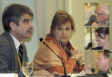 Council delegate Robert Leclerc, & observer Geneviève Robichaud (inset, from top) Bob Rupert, Sarah Schmidt & Mike Gasher in a simulated press conference held  April 27 in Ottawa.